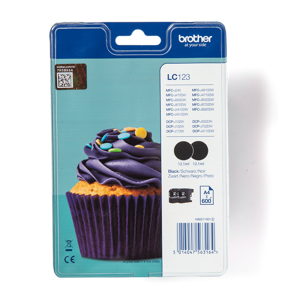 Brother Tinten-Doppelpack LC-123BKBP2 / LC123BKBP2 Schwarz XL, 2 x 600 Seiten