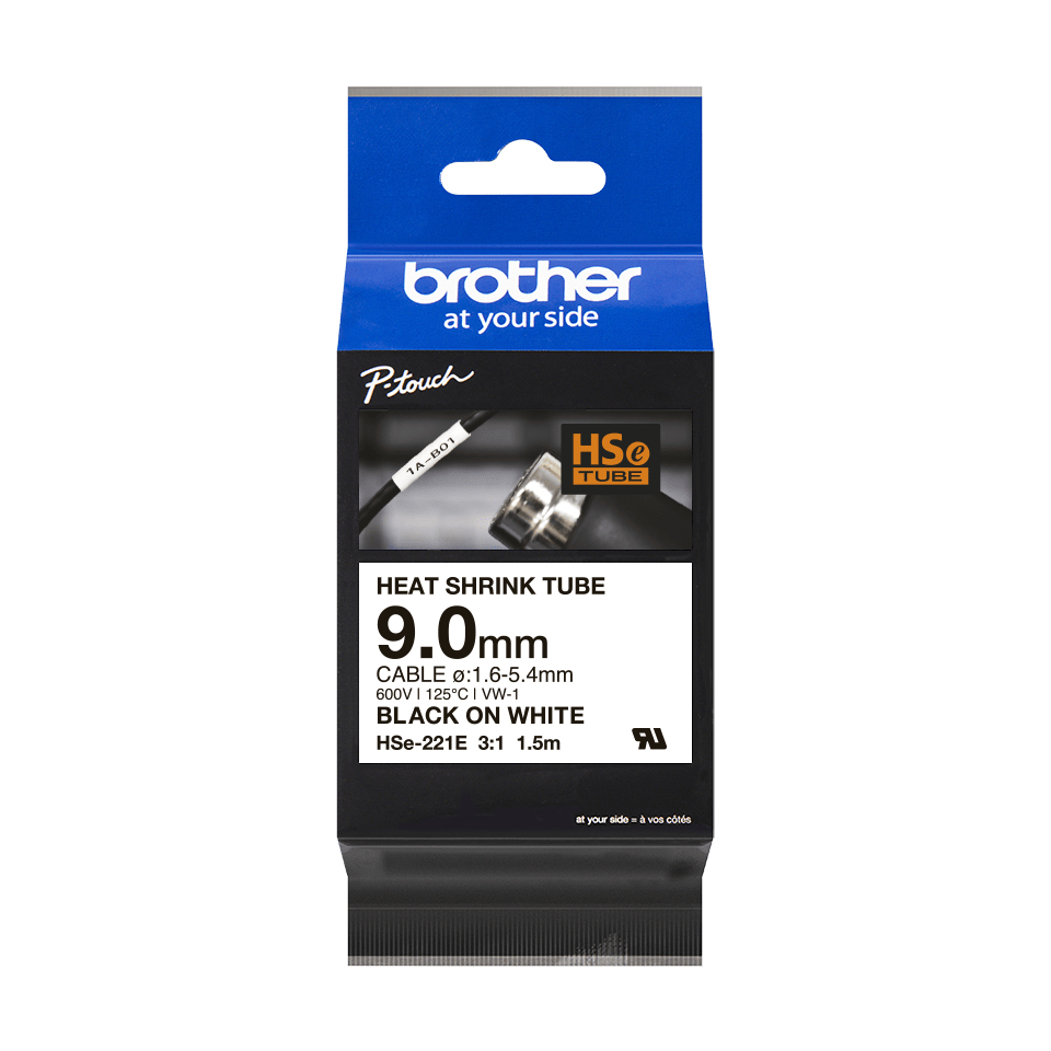 [HSE221E] Gaine thermorétractable Brother HSe-221E / HSE221E, noir sur blanc, 9,0 mm x 1,5 m