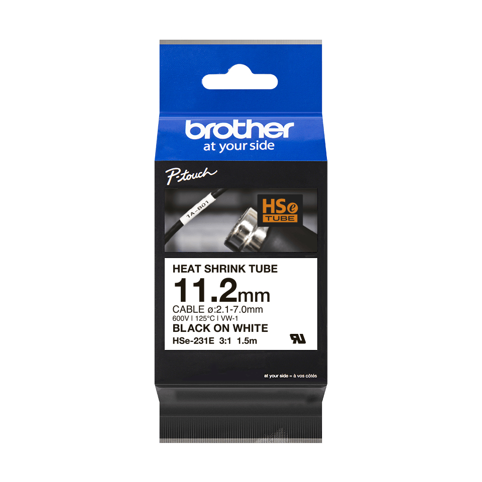 [HSE231E] Brother HSe-231E / HSE231E heat shrink tube, black on white, 11.2 mm x 1.5 m
