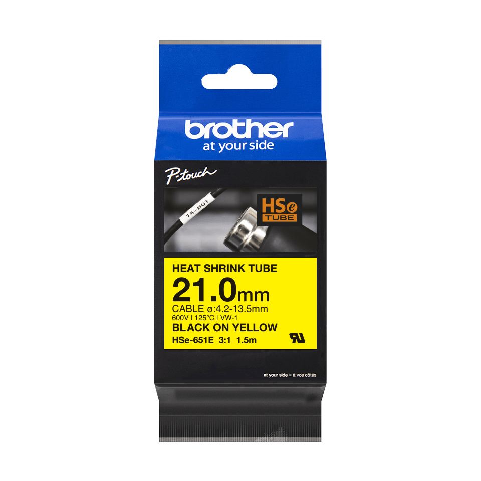 Gaine thermorétractable Brother HSe-251E / HSE251E, noir sur blanc, 21,0 mm x 1,5 m