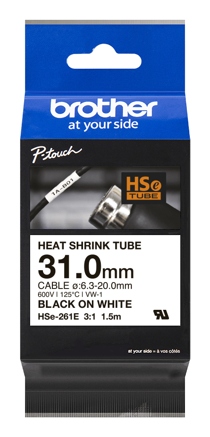 [HSE261E] Gaine thermorétractable Brother HSe-261E / HSE261E, noir sur blanc, 31,0 mm x 1,5 m