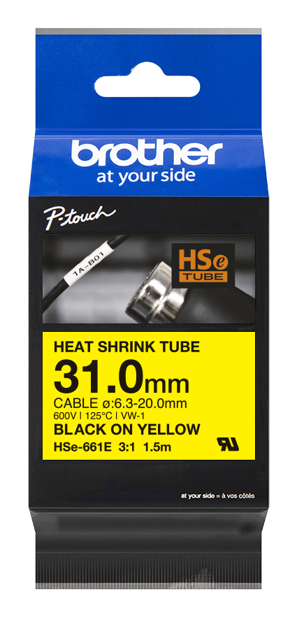 Gaine thermorétractable Brother HSe-661E / HSE661E, noir sur jaune, 31,0 mm x 1,5 m