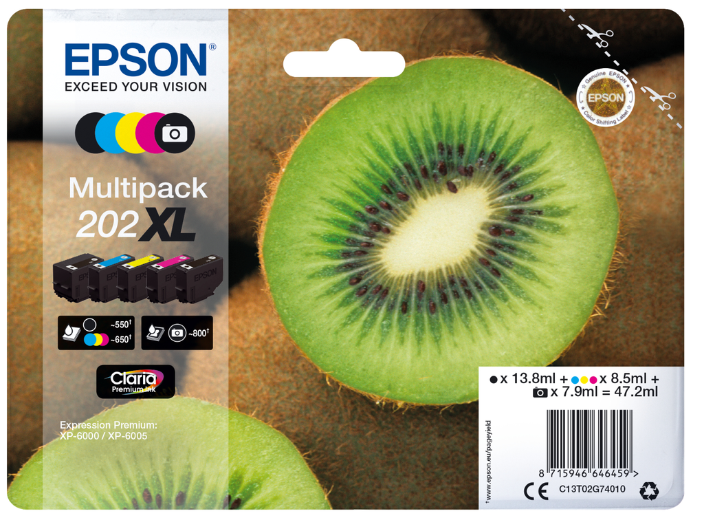 [C13T02G74010] Tintenpatrone Epson 202XL / C13T02G74010 4 Farben XL, 85 ml