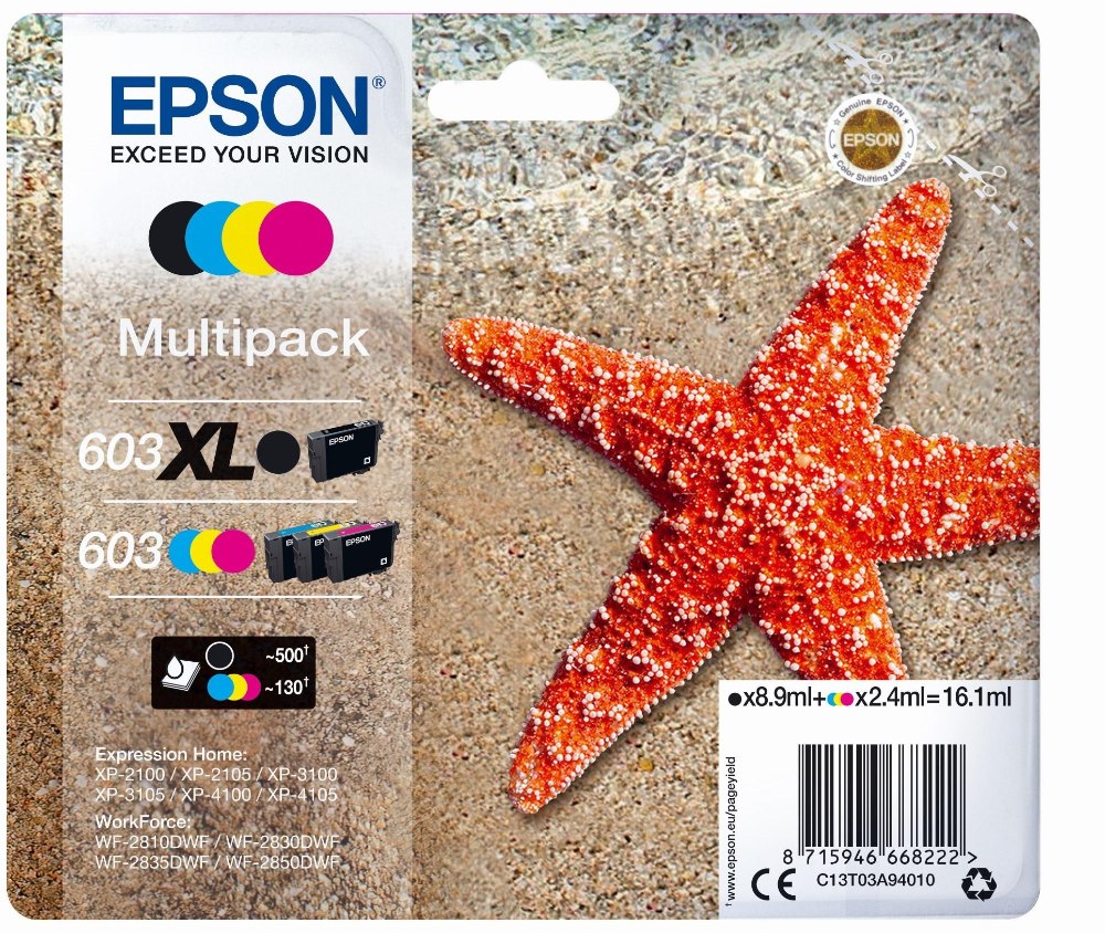 [C13T03A94020] Tintenpatrone Epson 603XL/603 / C13T03A94020 4 Farben, 500 Seiten