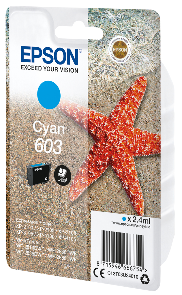 Epson 603 / C13T03U24010 cyan ink cartridge, 24 ml