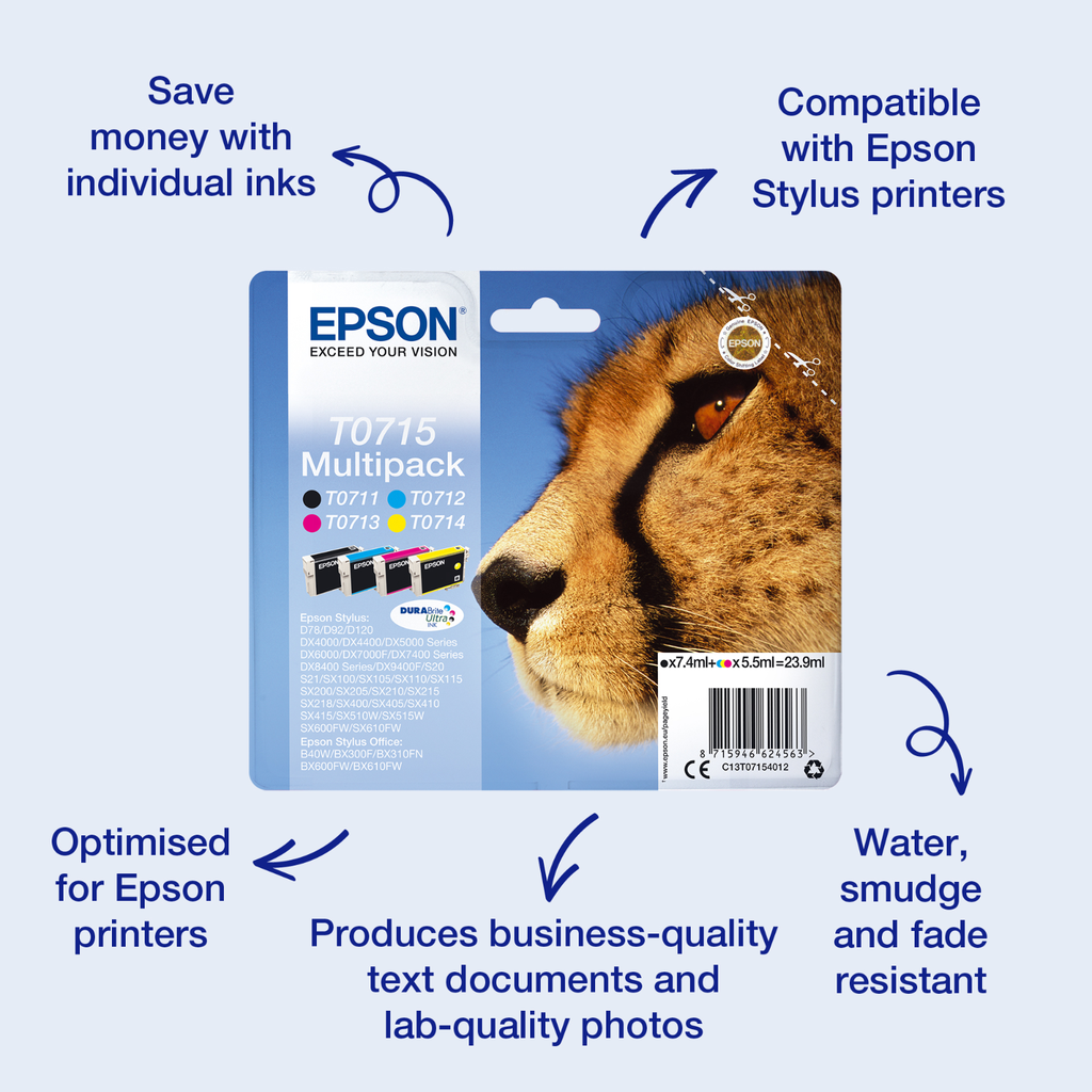 Cartouche d'encre Epson T0715 / C13T07154012 4 couleurs, 55 ml