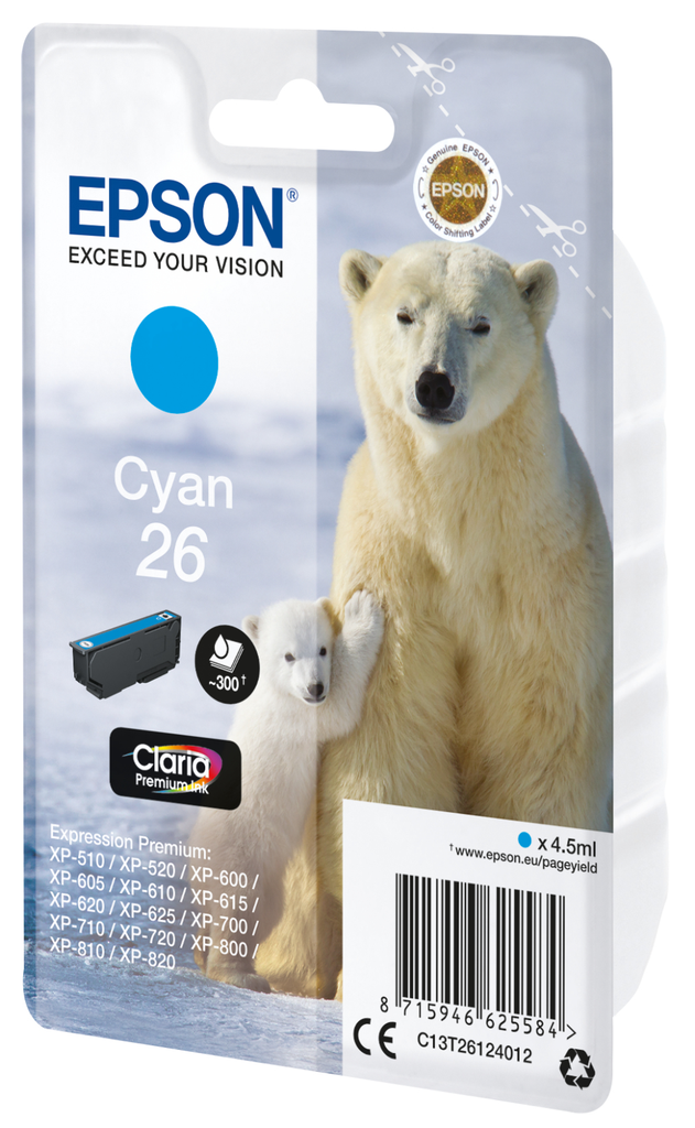 [C13T26124012] Tintenpatrone Epson 26 / C13T26124012 Cyan, 300 Seiten