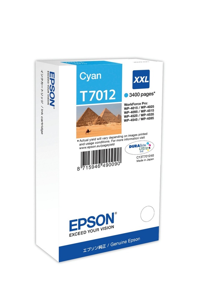 Tintenpatrone Epson T7012 / C13T70124010 Cyan XXL, 3.400 Seiten