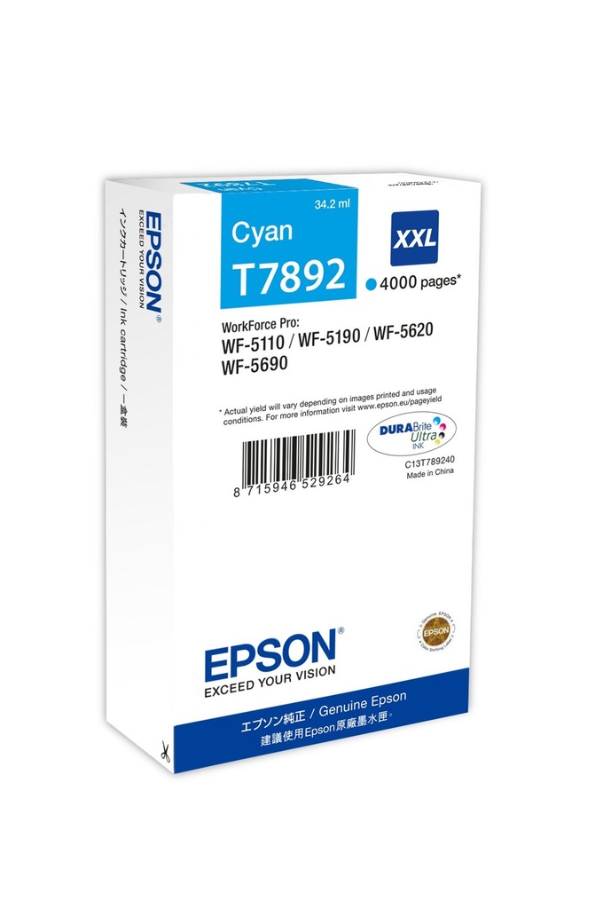 Epson T7892XXL / C13T789240 cyan XXL ink cartridge, 4,000 pages