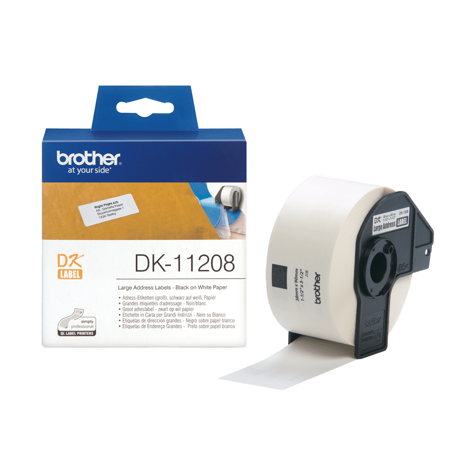 [DK11208] Étiquettes prédécoupées Brother DK-11208 / DK11208, noir sur blanc, 38 x 90 mm, 400 étiquettes