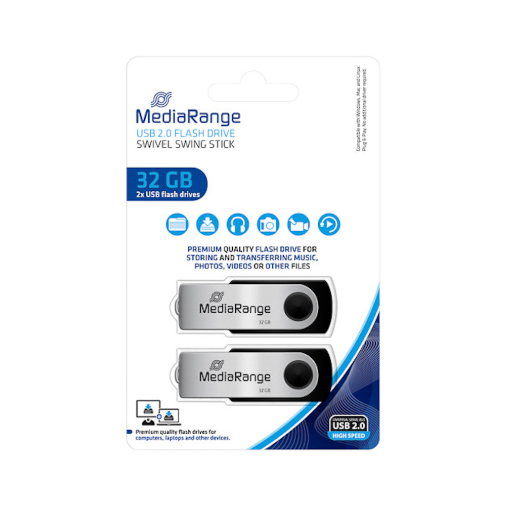 [MR9112] MediaRange Flexi Flash Drive USB 2.0 flash drives, 32 GB, pack of 2