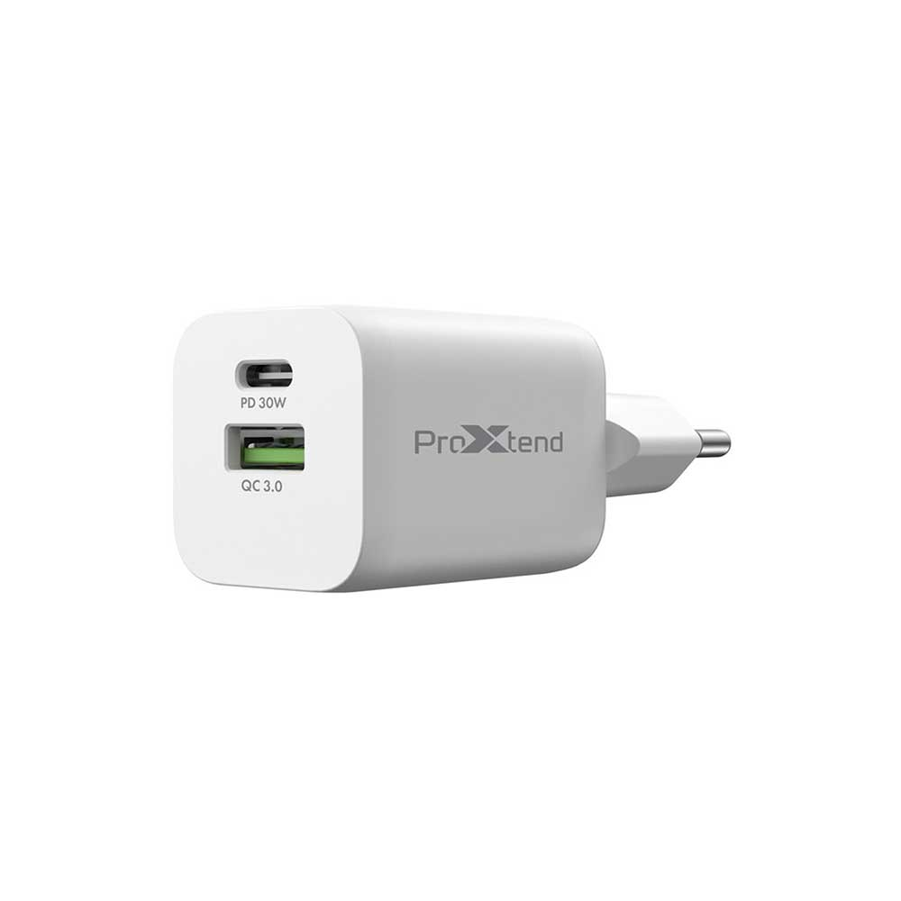 [PXPD30P2EU] Chargeur mural double USB-C et USB-A ProXtend PX-PD30P2EU, 30 W, PD / QC 3.0, blanc