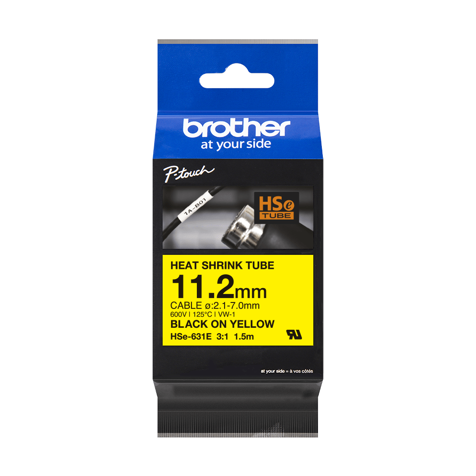 Gaine thermorétractable Brother HSe-631E / HSE631E, noir sur jaune, 11,2 mm x 1,5 m