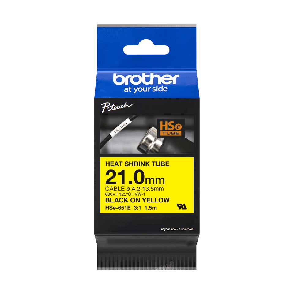 Gaine thermorétractable Brother HSe-651E / HSE651E, noir sur jaune, 21,0 mm x 1,5 m