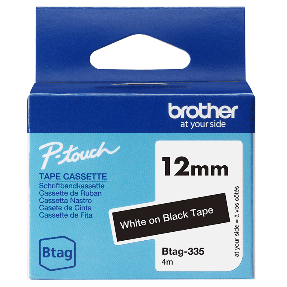 Brother BTAG-335 / BTAG335 non-laminated tape, white on black, 12 mm