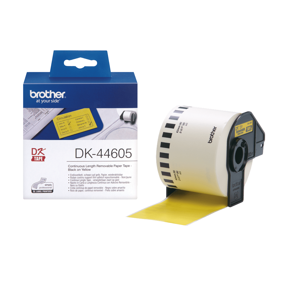[DK44605] Rouleau continu papier repositionnable Brother DK-44605 / DK44605, noir sur jaune, 62 mm x 30,48 m